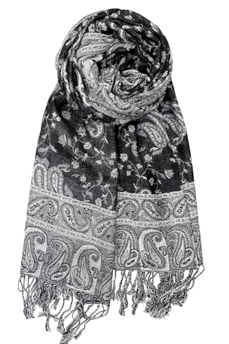 Achillea Soft Silky Reversible Paisley Pashmina Shawl Wrap Scarf w/Fringes (Black White)