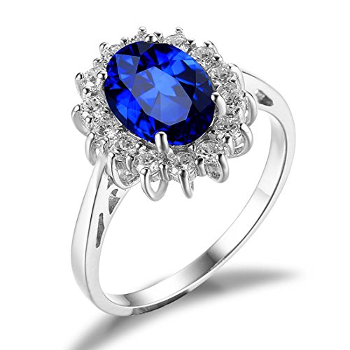 JewelryPalace Princess Diana Kate Middleton Class Gemstone Birthstone Blue Sapphire Halo Statement Engagement Rings for Women, Anniversary 14K Gold Plated 925 Sterling Silver Promise Rings for Her 9