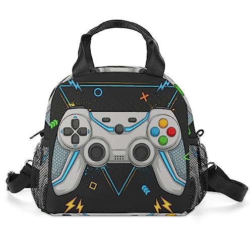 Colorful Controller Hand Drawn Analog Joystick Lunch Bag Women Video Game Gamepad Insulated Lunch Box for Men Cooler Bag With Shoulder Strap Reusable Lunch Tote Bag Lunchbox for Work Picnic Office Tr