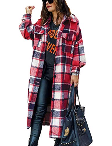 PUWEI Women's Casual Lapel Button Down Long Plaid Shirt Coat Tartan Shacket Jacket(1370-RetroRed-L)