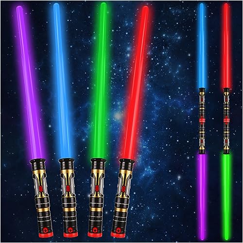4 Pack 4 Colors Light up Saber for Kid with FX Sound and LED Light, Double Bladed Sword Gift Set, Expandable Light up Toy for Child Adult Space Galaxy War Fighter, Halloween Cosplay Party, Xmas Favors