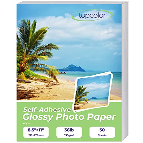 Topcolor Sticker Photo Paper 8.5 x 11 Inch Glossy Photo Quality Paper 50 Sheets Self-Adhesive Paper for Inkjet Printers Sticky Paper Printable White, 135 gsm, 50 Count Pack