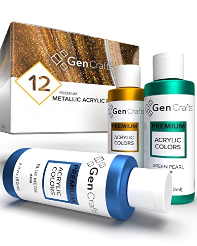 GenCrafts Metallic Acrylic Pouring Paint Set of 12 Metallic Colors - Pre-Mixed High Flow & Ready to Pour - 2 oz./59 ml Bottles - Multi-Purpose Paints for Canvas, Paper, Rocks, Wood