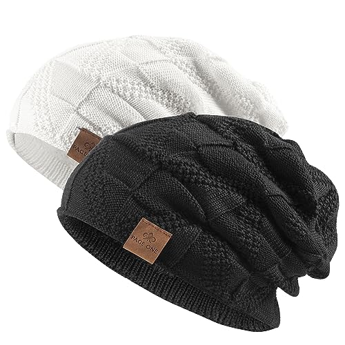 PAGE ONE Mens Winter Slouchy Beanie Warm Fleece Lined Skull Cap Baggy Cable Knit Hat…