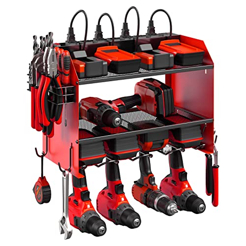 CCCEI Modular Power Tool Organizer Wall Mount with Charging Station. Garage 4 Drill Storage Shelf with Hooks, Screwdriver, Drill Bit Heavy Duty Rack, Tool Battery Holder Built in 8 Outlet Power Strip.