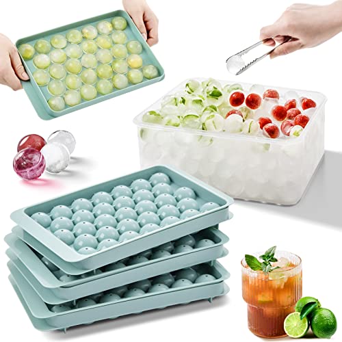 3 Pack Round Ice Cube Tray, Sphere Ice Ball Maker Mold Making for Freezer with Container, 99pcs Circle Ice Chilling Cocktail Whiskey Tea Coffee(3Pack Blue Ice trays & Ice Bin & Ice tong)