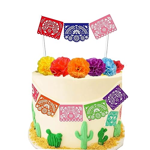 Fiesta Floral Cake Topper Mini Mexican Papel Picado Banner and Flowers Cake Decor