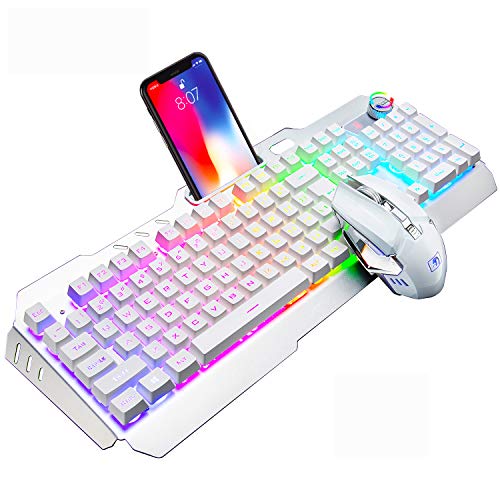Wireless Gaming Keyboard and Mouse,16 Kinds RGB LED Backlit Rechargeable Keyboard Mouse with 4800mAh Battery Metal Panel,Mechanical Feel and Gaming Mute Mouse for PC Gamers(White RGB Backlit)