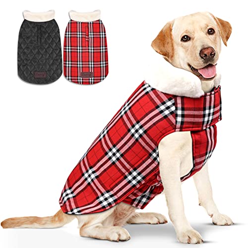 Kastty Dog Coat, Reversible Extra Warm Dog Clothes, Waterproof Stylish & Cosy Dog Jacket, British Style Plaid+ Simple Versatile 2 Style Dog Winter Coat, Great for Dog Gift or Daily Wear, M