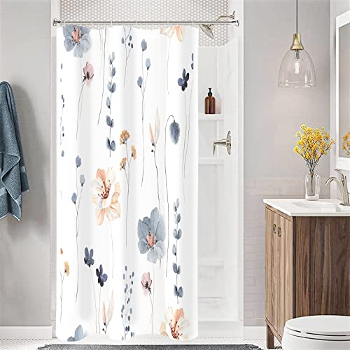 Gibelle Small Stall Shower Curtain 36 x 72, Narrow Half Watercolor Floral Fabric Shower Curtain, Blue Beige Flower Decorative Bathroom Shower Curtain Set with Hooks