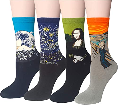 Chalier 4 Pairs / 5 Pairs Womens Famous Painting Art Printed Funny Casual Cotton Crew Socks