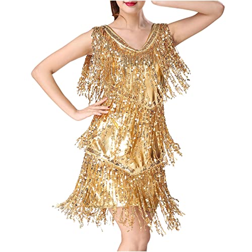LMSXCT Women's Sequin Fringe V Neck Mini Dress Sleeveless Tassels Flapper Dresses Latin Dance Dress Rumba Ballroom Costumes Gold