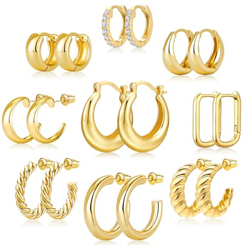 Adoyi Gold Hoop Earrings, 14K Gold Plated Lightweight Jewelry, Small Chunky Huggie Hoop Earrings Set for Women, 9 Pairs