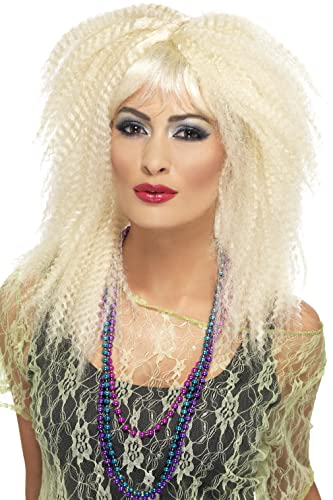 Smiffys Women's Blonde Crimp Wig with Long Layers and Bangs, One Size, 80's Trademark Crimp Wig