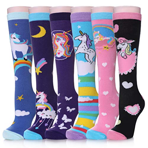 MQELONG 3-12 Year Old Girls Knee High Socks Kids Cute Crazy Funny Animal Pattern Long Boot Socks 6 Pairs (Unicorn Socks 02)