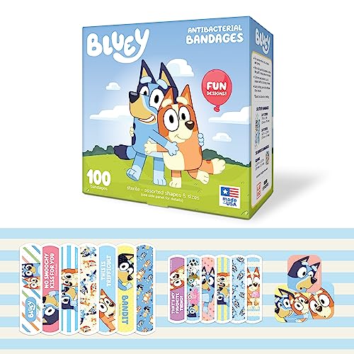 Bluey Kids Bandages, 3 Assorted Sizes 100 CT | Wear Like Stickers, Flexible Adhesive Bandages for Minor Cuts, Scrapes, and Burns. Great Gift idea for Kids.