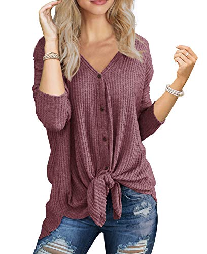 IWOLLENCE Womens Loose Henley Blouse Bat Wing Long Sleeve Button Down T Shirts Tie Front Knot Tops Rust Red Large