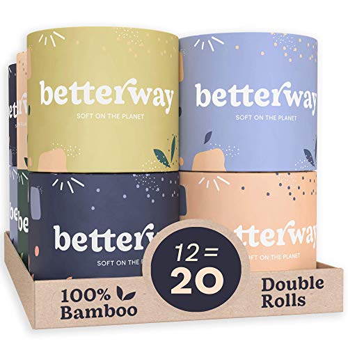 Betterway Bamboo Toilet Paper 3 Ply - Sustainable Toilet Tissue - 12 Double Rolls & 360 Sheets Per Roll - Septic Safe - Organic, Plastic Free, Compostable & Biodegradable - FSC Certified