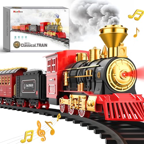 Hot Bee Train Toys for Boys Girls w/Smokes, Lights & Sound, Tracks, w/Steam Locomotive Engine, Cargo Cars & Tracks, Christmas Gifts for 3 4 5 6 7 8+ Year Old Kids