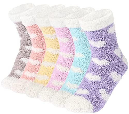 Plush Slipper Socks Women - Colorful Warm Fuzzy Crew Socks Cozy Soft for Winter Indoor Hearted 6 Pairs