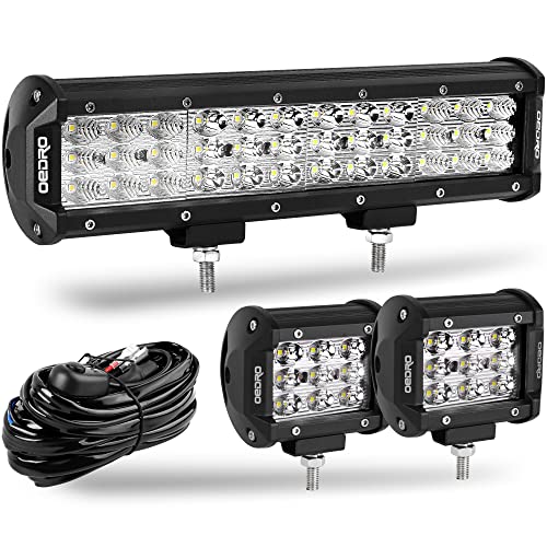 OEDRO 12 Inch 180W LED Light Bar Tri-Row Spot Flood Combo Driving Light + 2pcs 4 Inch 27W Work Fog Pods Lights w/Wiring Harness Fit for Off Road Truck Boat ATV UTV Car Jeep Pickup