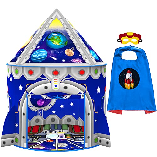ImpiriLux Play Tent for Kids with Cape and Mask Costume Set | Rocket Themed Children's Pop Up Playhouse Fort for Boys and Girls