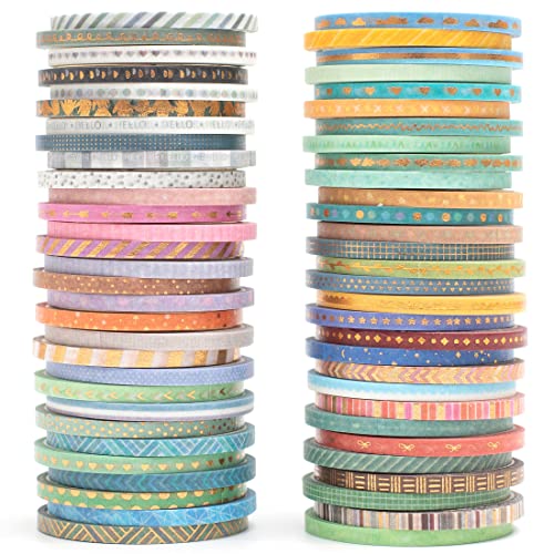 YUBBAEX 60 Rolls Skinny Washi Tape Set Gold Foil Masking Thin Basic Patterns Decorative Tapes for Arts, DIY Crafts, Journals, Planners, Scrapbook, Wrapping