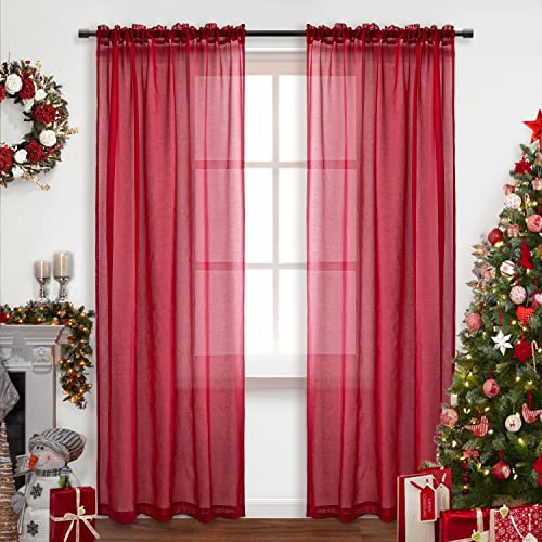 XTMYI Valentines Day Red Sheer Curtains 84 Inch Length for Living Room 2 Panels Set Romantic Decor Voile Transparent Lace Curtains for Bedroom 52x84 Inches Long,Dark Red