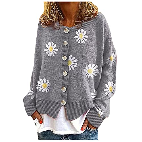 My Recent Orders Placed by Me Lightning Deals Knitted Sweater Cardigan for Women Button Up Cardigan Daisy Flower Print Sweater Long Sleeve Casual Lightweight Cardigan Gray