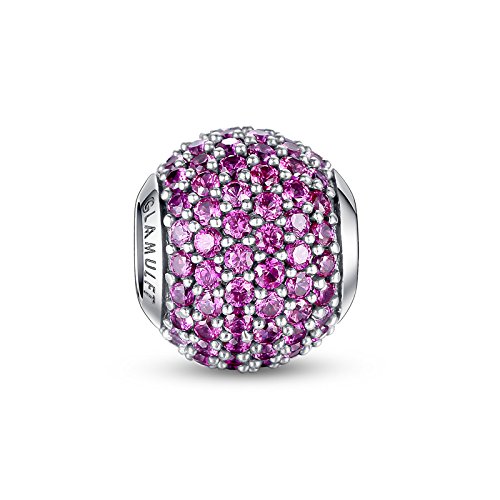 Glamulet 925 Sterling Sliver Lucky Birthstone Paved Crystal Charms Beads Fits Bracelet, October Magenta, Ideal Jewelry Gifts for Lover, Women, Mom, Wife, Girls