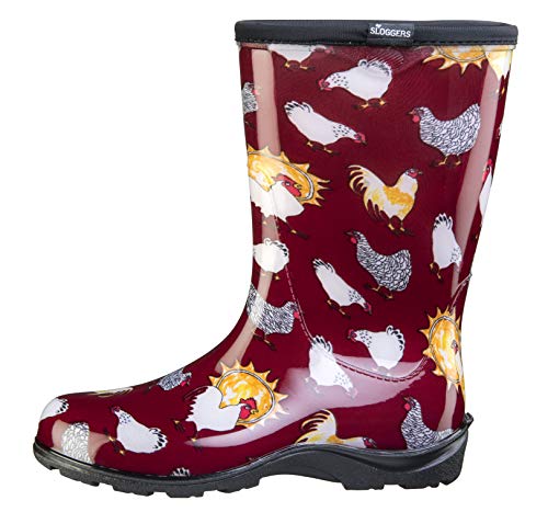 Sloggers Waterproof Garden Rain Boots for Women - Cute Mid-Calf Mud & Muck Boots with Premium Comfort Support Insole, (Chickens Barn Red), (Size 9)