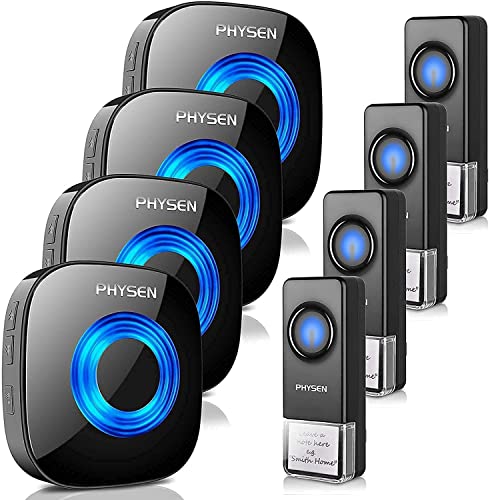 Wireless Doorbell PHYSEN Waterproof Door bell Chimes with Mute Mode,58 Doorbell Wireless, 5 Volume Levels,1300-ft Range,4 Receiver & 4 Doorbell Button for Home with LED Strobe, Black
