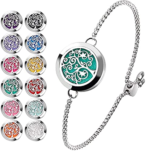ttstar Essential Oil Diffuser Bracelet Stainless Steel Aromatherapy Locket Adjustable Diffuser Bracelet with 24pcs Refill Pads in 12 Colors Gift Set for Women Girls Mother's Day Christma(Tree of Hope)