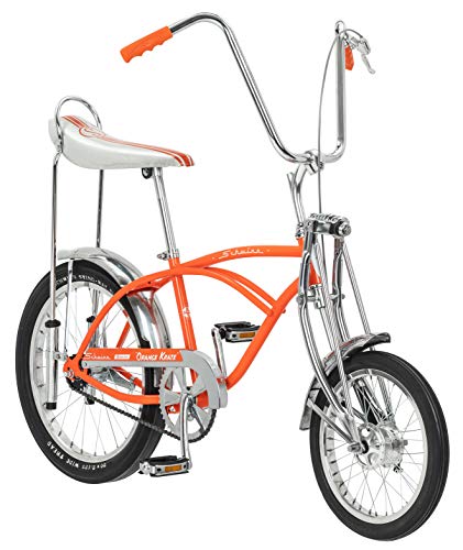 Schwinn Classic Old School Krate Kids Bike, High-Rise Ape Handlebar, Banana Seat, 16-Inch Front Wheel and 20-inch Rear Wheel, Spring Fork, Orange
