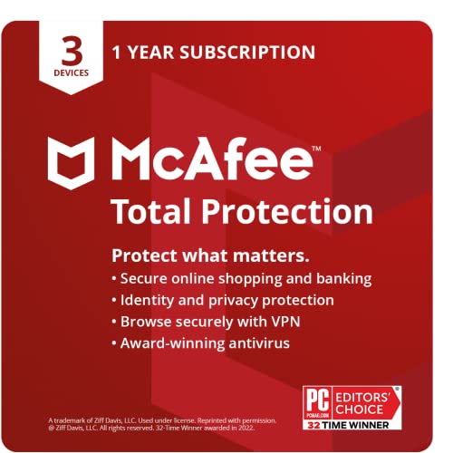 McAfee Total Protection | 3 Device | Antivirus Internet Security Software | VPN, Password Manager, Dark Web Monitoring | 1 Year Subscription | Download Code