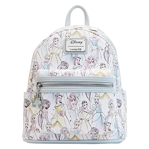 Loungefly Disney Princesses Sketch Pastel Colors All Over Print Womens Double Strap Shoulder Bag Purse