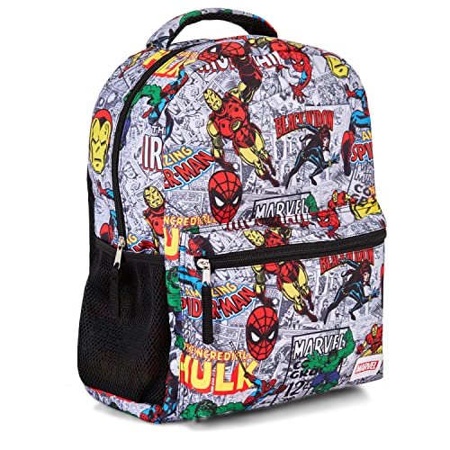 Marvel Comics Allover School Backpack - Avengers, Spiderman, Captain America, Iron Man Hulk - Officially Licenced Bookbag for Boys & Girls (White)