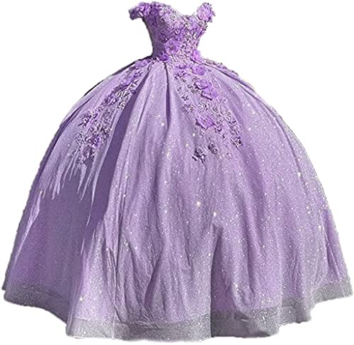 Jingliz Long Prom Dress Off The Shoulder Quinceanera Dresses Ball Gown Tulle 3D Hand Made Flowers Sweet 16 Dresses Lilac 8
