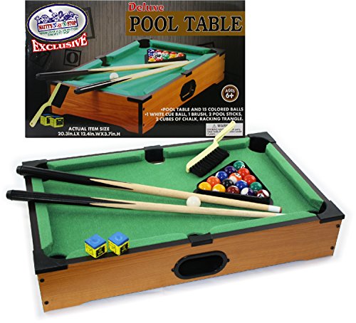 Matty's Toy Stop Deluxe 20' Wooden Table Top Pool (Billiards) Table with 15 Colored Balls, 1 Cue Ball, 1 Brush, 2 Pool Sticks, 2 Cubes of Chalk & Racking Triangle