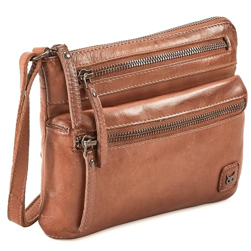 Wise Owl Accessories Small Triple Zip Real Leather Women's Crossbody- Premium Vintage Crossover Shoulder Sling Bag (Cognac Washed Vintage)