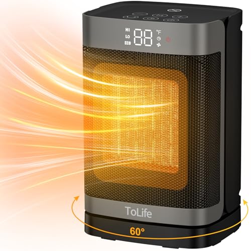 Space Heater Indoor with Thermostat, 10 inch PTC Electric Heater, 60°Oscillating, 4 Modes, 12h Timer, 1500W Portable Heater for Indoor Use, Grey