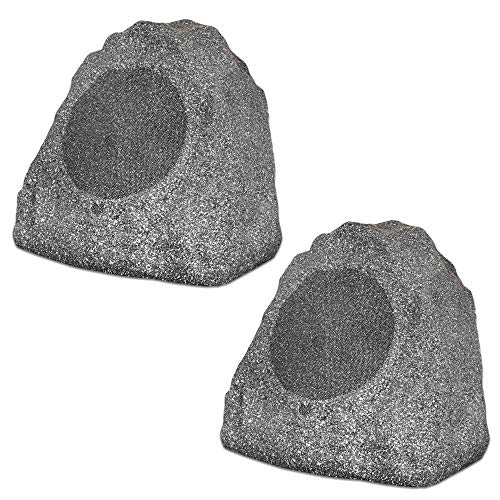Theater Solutions 2R8G Outdoor Granite 8' Rock 2 Speaker Set for Deck Pool Spa Yard Garden, Granite Grey