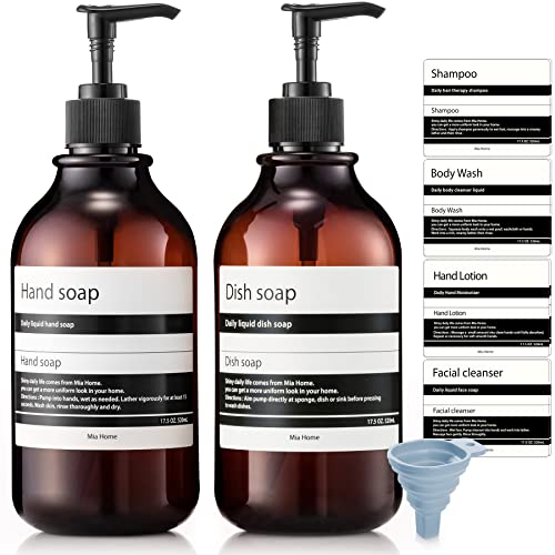 Mia home 17.5 oz Refillable Empty Amber PET Plastic Bottle Set - 2 Bottles of Hand soap with Additional Labels (Shampoo, Shower Gel, Dish soap), Silcone Funnel