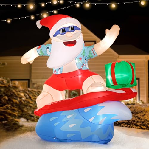 Christmas Inflatable Outdoor Decoration, 6ft Surfing Santa with Built-in LED Lights, Santa Inflatable Outdoor Holiday Yard Decorations Lawn Garden
