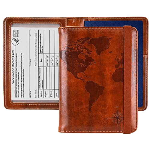kandouren Passport and Vaccine Card holder Cover Case for Men, Passport Wallet with Vaccine Card Slot(brown map)