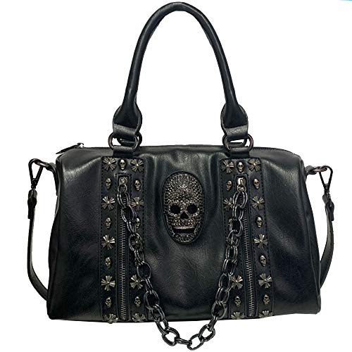 FiveloveTwo Women Skull Chain Handbag and Purse Gothic Rivet Tote Satchel Shoulder Bag Black