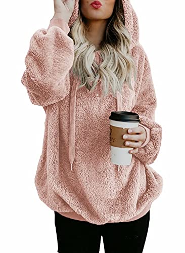 Dokotoo Womens Fleece Hoodies Loose Cozy Soft Warm Casual Solid Sweatshirts Fuzzy Sweater Sweatshirt Sherpa Pullovers Outerwear Fashion Hooded Pink Large