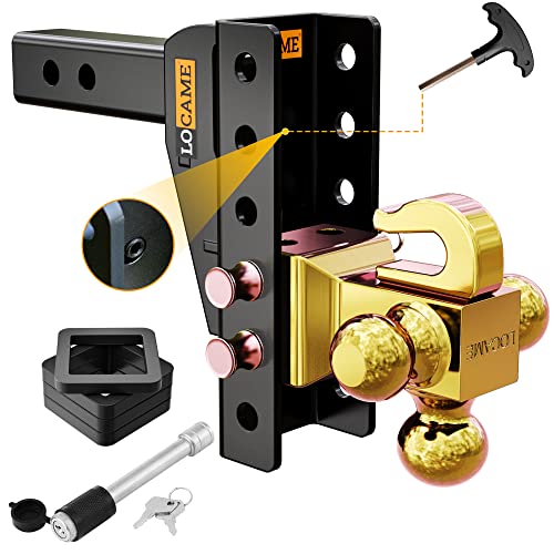 LOCAME Adjustable Trailer Hitch with Hook, Tri-Ball (1-7/8', 2', 2-5/16'), Fits 2-Inch Receiver, 6 Inch Drop/Rise Hitch, 15000 LBS GTW-Tow Hitch for Heavy Duty Truck, Solid Ball Mount