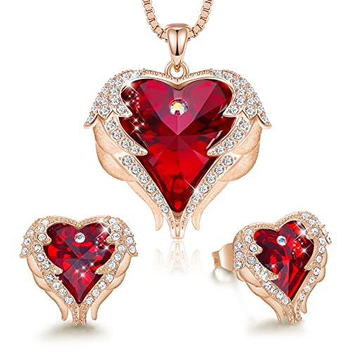 CDE Angle Wing Heart Necklaces and Earrings Valentine Mother's Day Jewelry Gifts for Women Mom Gold Plated Jewelry Set for Wife Girlfriend Stepmom(R_Rose Gold Plated | red)