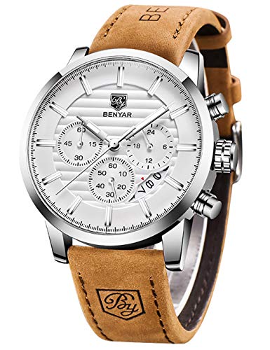 BENYAR Quartz Chronograph Waterproof Watches Business and Sport Design Leather Band Strap Wrist Watch for Men (Brown Silver White)